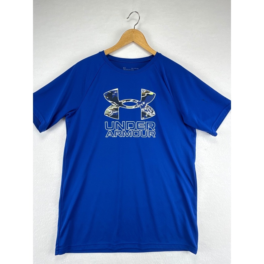 Under Armour‎ Shirt Boys YXL Blue Short Sleeve Camo Logo Athletic Tee Stained